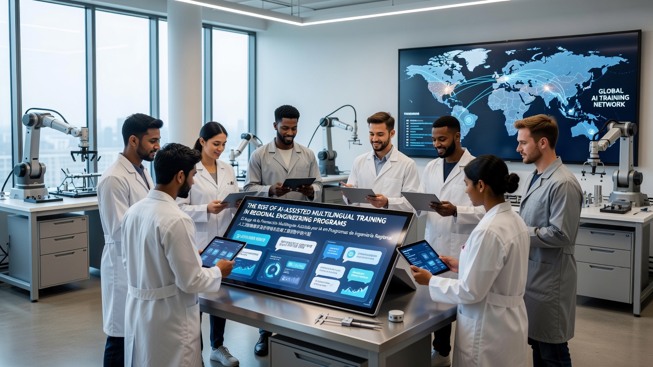 Group of engineering students reviewing AI-generated multilingual technical documents