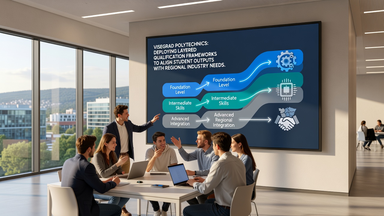 Layered qualification framework diagram displayed during a Visegrad polytechnic industry partnership meeting